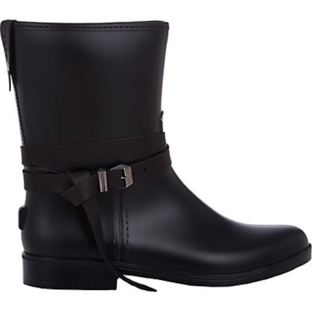 Barneys New York Rain Moto Boots Rubber Leather Strap Black Strap Women's 37